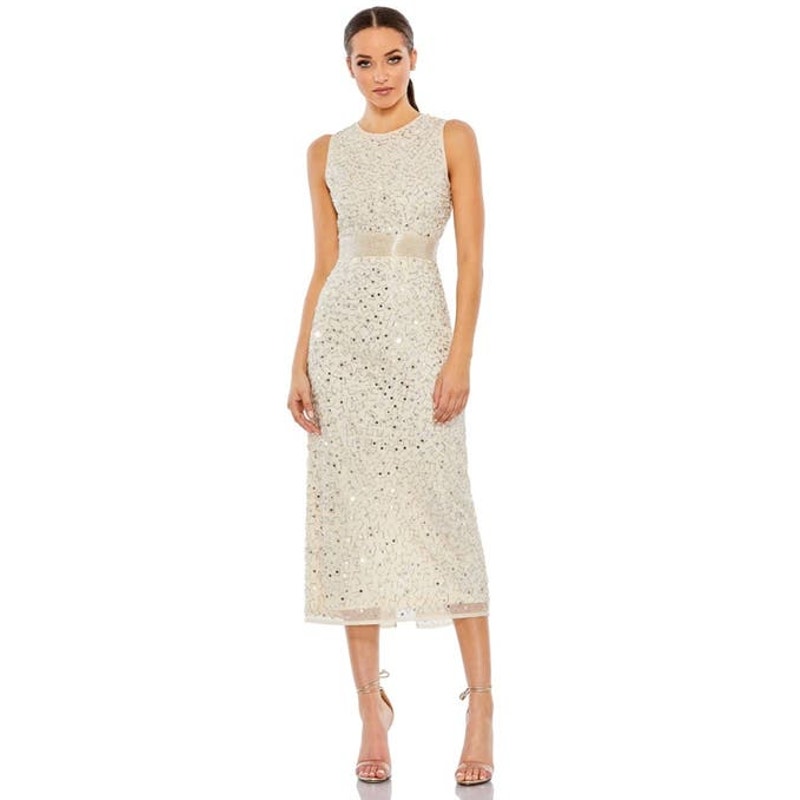 Mac Duggal Geometric Embellished Sleeveless Dress 93758 Nude Silver 6 New Flaw